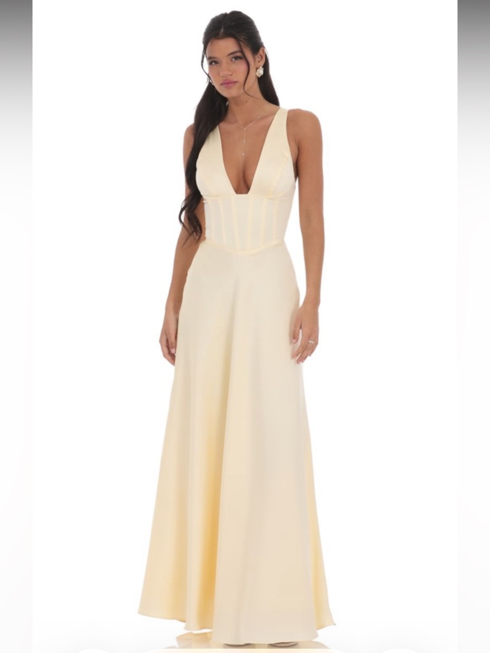 Lucy in the Sky Satin Plunge Neck Corset Maxi Dress in Yellow